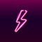 Neon icon of pink lightning bolt on dark purple gradient background. Flash, energy, power concept for logo, banner, flyer
