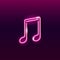 Neon icon of pink musical note on dark purple background. Design element for music concept: logo, banner, flyer