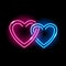 Neon icon of two intertwined hearts isolated on black background. Blue and pink connected heartshape symbols. St