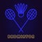 Neon illumination of badminton. Bright racket shuttlecock. Modern vector logo, icon, banner, shield, screen, image labels,