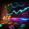 A neon illumination brings to life the price movement chart a cryptocurrency, with fluctuations tracked in dollars, creating a