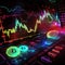 A neon illumination brings to life the price movement chart a cryptocurrency, with fluctuations tracked in dollars, creating a