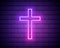 Neon illumination of the cross. The bright advertisement of the cross. Modern vector logo, banner, shield, drawing of Christianity