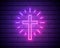 Neon illumination of the cross. The bright advertisement of the cross. Modern vector logo, banner, shield, drawing of Christianity