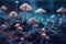 Neon illustration of magic mushrooms under the rain