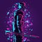 Neon illustration with modern design of a soldier skeleton holding a riffle. Conceptual art under UV lights