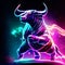 Neon illustration of a powerful bull with horns on a black background AI generated