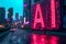 Neon-Infused Text AI Shining Against Cybernetic Cityscape.