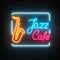 Neon jazz cafe and saxophone glowing sign on a dark brick wall background.