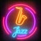 Neon jazz cafe with saxophone glowing sign with round frame on a dark brick wall background.