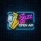 Neon jazz festival banner with retro microphone, saxophone and lettering in rectangle frame.