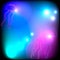 Neon jellyfish on abstract sea background with bokeh lights