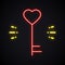 Neon key sign. Light heart shape. Bright Valentine`s symbol. Glowing love, couple, romantic theme.