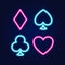 Neon lamp casino banner on blue background. Poker or blackjack card games sign. Las Vegas concept. Vector illustration