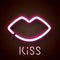 Neon lamp in the form of pink genital lips. For advertising signs, banners, to lure customers. On the background of a wooden wall