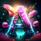 Neon letter A with flowers. Glowing font. Vector illustration. generative AI