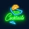 Neon lettering cocktails and sign on black background