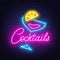 Neon lettering cocktails and sign on wall background