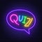 Neon Lettering Quiz on a brick wall background. Multicolored inscription