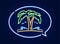 Neon light 3d beach icon. Palm tree with sun and ocean wave in speech bubble