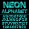 Neon light alphabet in cyan color. Glowing font for design. Neon sign.