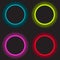 Neon light circles set. Shining round techno frames collection. Blue and yellow, pink neon abstract background with glow