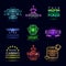 Neon light gambling emblems. Poker club and casino vector sign set