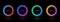 Neon light glow. Led circles. Green space frame. Abstract red ring. Purple and blue illuminated line. Pink and yellow