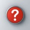 Neon light question mark icon in red round sign button isolated on dark white wall background