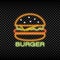 Neon light sign of burger cafe. Glowing and shining bright signboard of fast food logo. Vector