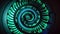 Neon light spiral design. Intricate ornate machine fan. Glowing colors wallpaper background.