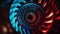 Neon light spiral design. Intricate ornate machine fan. Glowing colors wallpaper background.