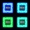 Neon light square banner set. Shining techno frame