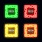 Neon light square set. Shining rectangle techno frame collection. Night club electric 3d banner on dark backdrop.