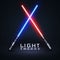 Neon light swords. Crossed light sabers isolated on darck background. Vector illustration