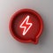 Neon light thunder or lightning bolt in red round speech bubble notification pin on dark white wall background