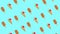 Neon light on video animation with ice cream cone, ice lolly on blue background.