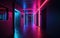 Neon Lighted Hallway with Maroon and Azure Elements for a Simplified Poster.