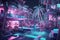 Neon lightened hotel lobby in synthwave style. Blue and purple hotel with palms in 80s style. Generated AI.