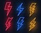 Neon lightning bolt. Glowing electric flash sign, thunderbolt electricity power icons. Vector lightning on black