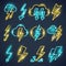 Neon lightning. Powerful thunder symbols glow lightning collection vector colored set