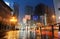 Neon lights of Akihabara, Tokyo`s famous electronics shopping district, glittering on a rainy night