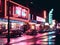 Neon lights glowing in busy commercial district