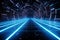 Neon lights illuminate a 3D rendered abstract futuristic blue corridor backdrop