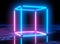 Neon lights, virtual reality, abstract background, cube portal, arch, pink blue spectrum vibrant colors, laser show. 3d