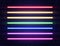 Neon lines collection on brick wall. Realistic led neon tube set. Rainbow borders. Bright design elements for