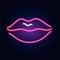 Neon Lips. Fashion sign. Night light signboard, Glowing banner. Summer emblem. Female kiss. Club Bar logo on dark
