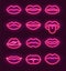 Neon lips kiss sign outline. Purple red sex day vector neon beauty background glow mouth