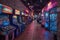 Neon-lit arcade with classic games and a snack bar