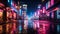 neon-lit city at night. Use leading lines, contrasting colors